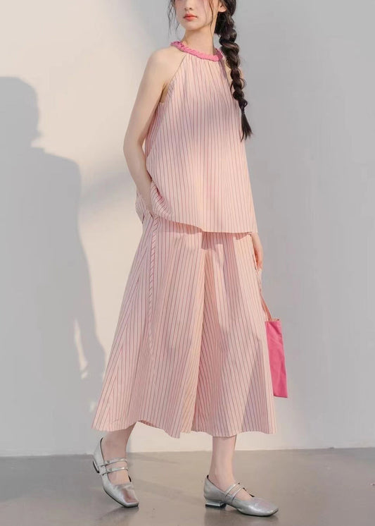 Pink Striped Tops and Crop Pants Cotton Two Pieces Set Sleeveless Xx040