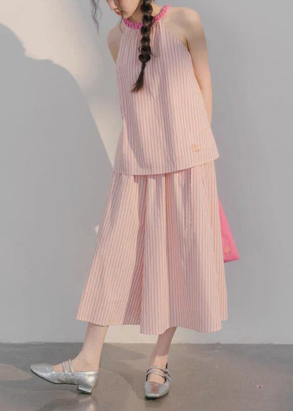 Pink Striped Tops and Crop Pants Cotton Two Pieces Set Sleeveless Xx040