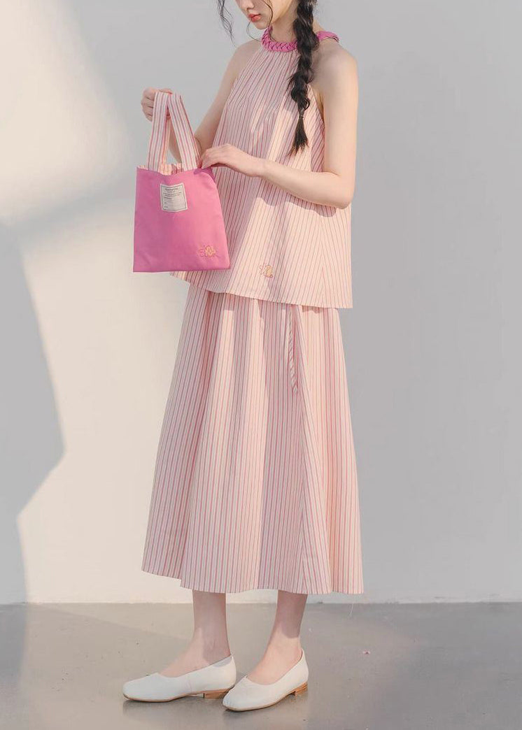 Pink Striped Tops and Crop Pants Cotton Two Pieces Set Sleeveless Xx040