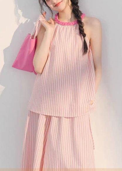 Pink Striped Tops and Crop Pants Cotton Two Pieces Set Sleeveless Xx040