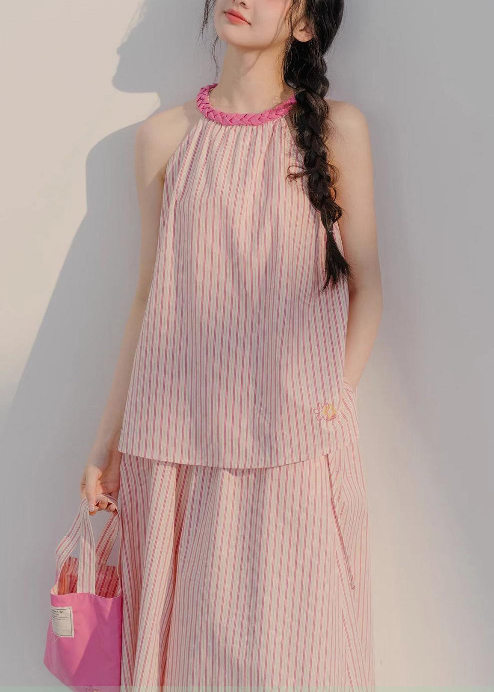 Pink Striped Tops and Crop Pants Cotton Two Pieces Set Sleeveless Xx040