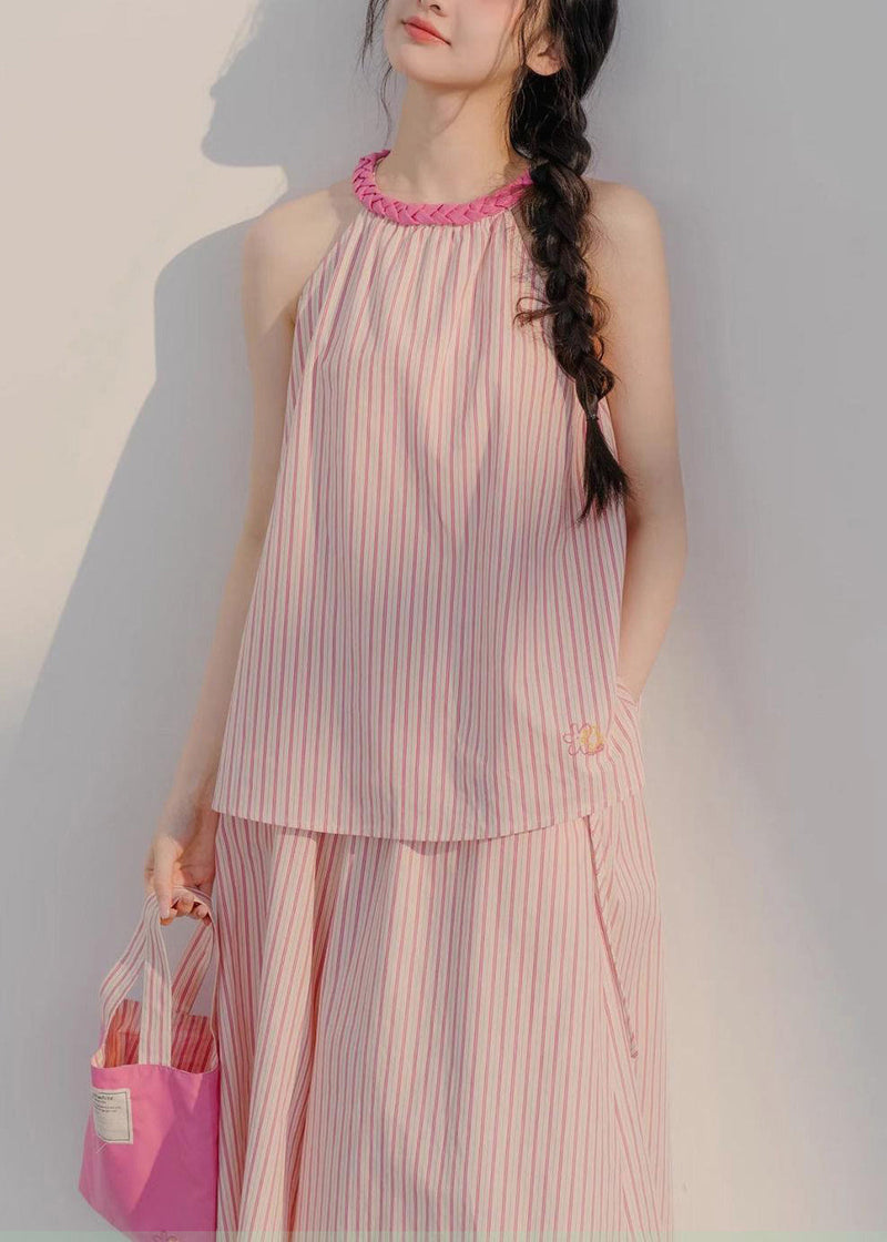 Pink Striped Tops and Crop Pants Cotton Two Pieces Set Sleeveless Xx040
