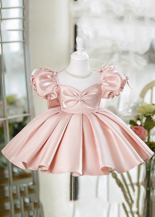 Pink V Neck Bow Silk Kids Maxi Dress Summer Ys023