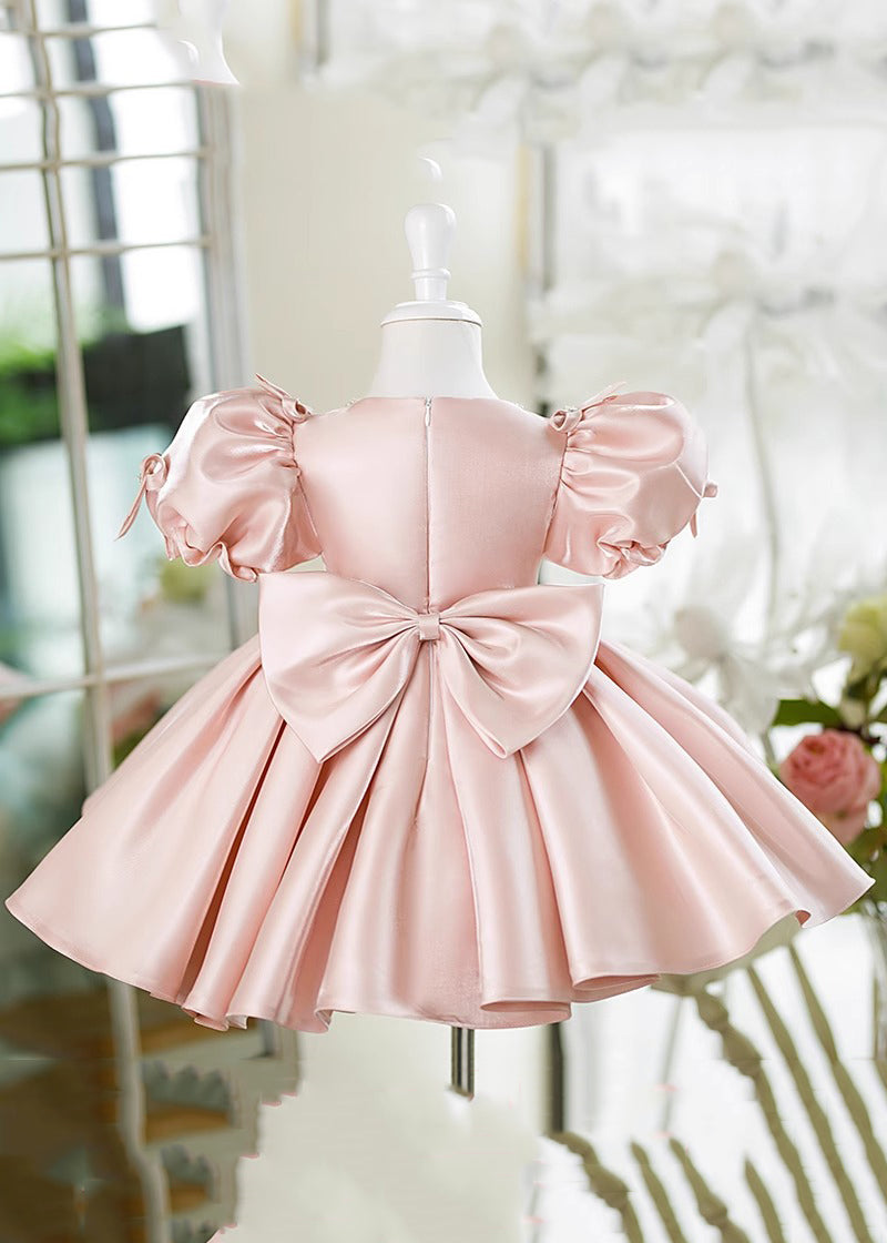 Pink V Neck Bow Silk Kids Maxi Dress Summer Ys023