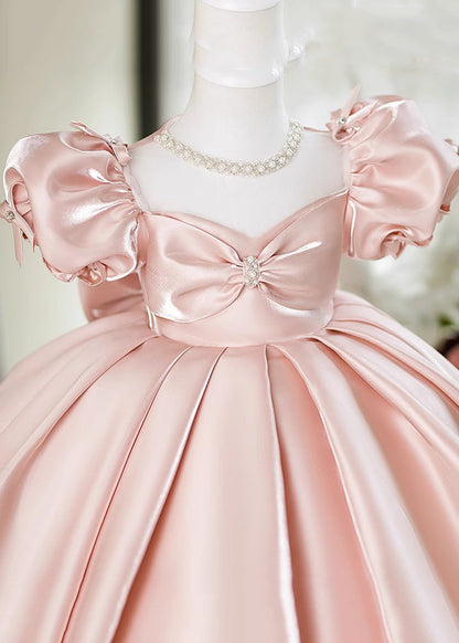 Pink V Neck Bow Silk Kids Maxi Dress Summer Ys023