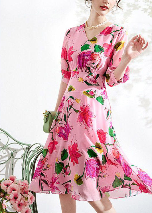 Pink V Neck Print Tunic Chiffon Long Dresses Summer Ly1519