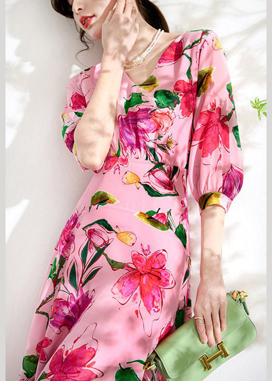 Pink V Neck Print Tunic Chiffon Long Dresses Summer Ly1519