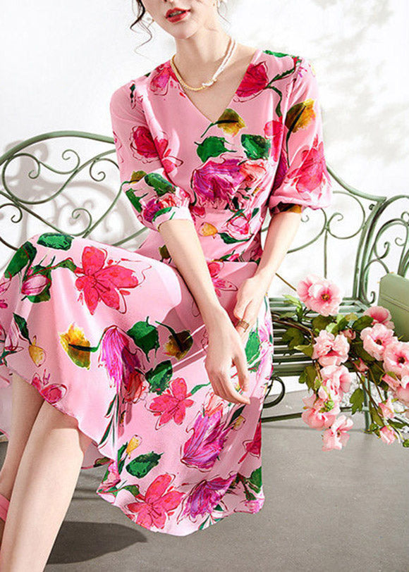 Pink V Neck Print Tunic Chiffon Long Dresses Summer Ly1519