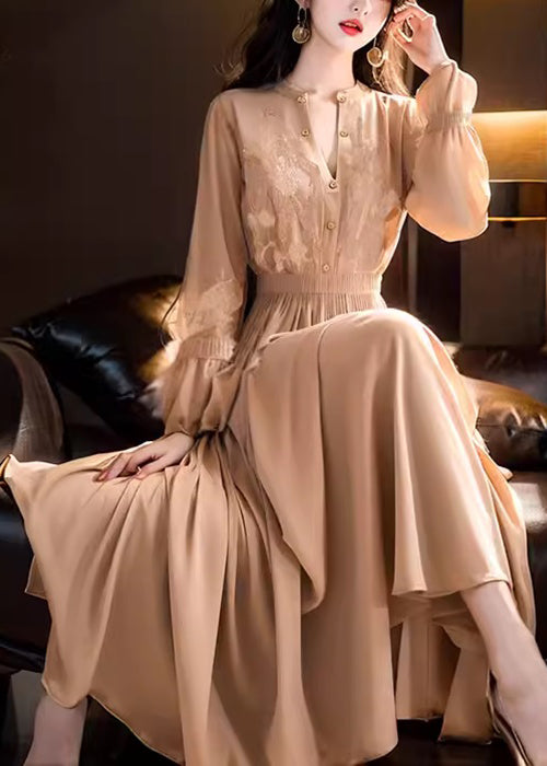 Purple Embroidered Lace Elastic Waist Maxi Dresses Fall Qr031