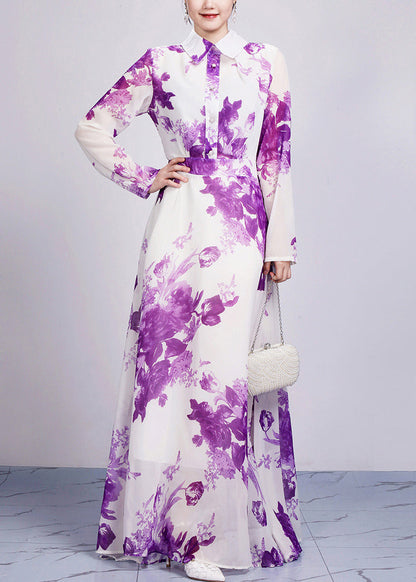 Purple Peter Pan Collar Print Chiffon Maxi Dresses Long Sleeve Ar1029