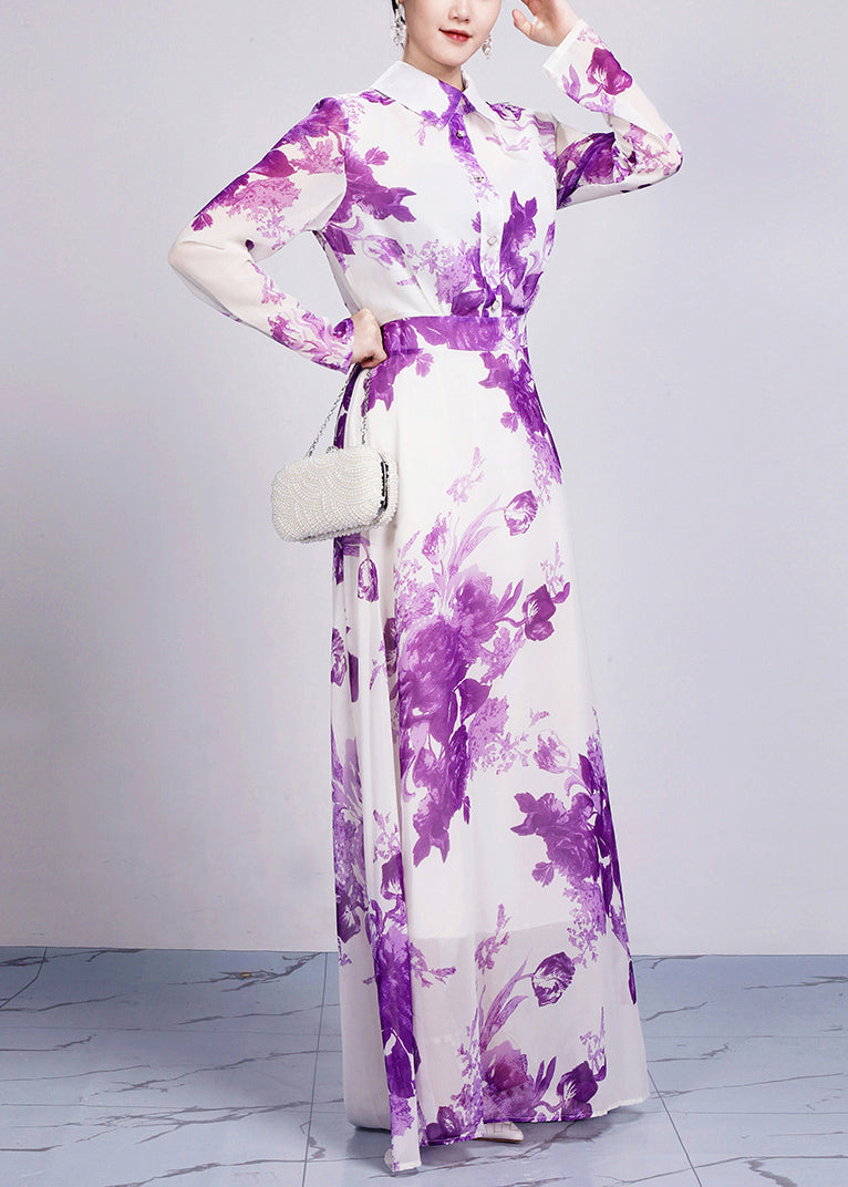 Purple Peter Pan Collar Print Chiffon Maxi Dresses Long Sleeve Ar1029