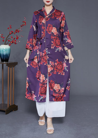 Purple Print Lace Up Side Open Silk Long Dress Bracelet Sleeve Ly1838