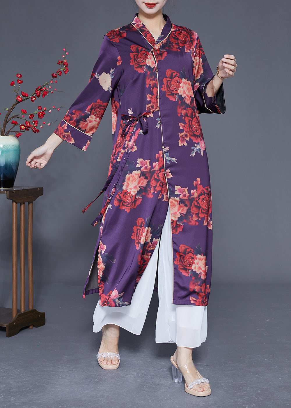 Purple Print Lace Up Side Open Silk Long Dress Bracelet Sleeve Ly1838