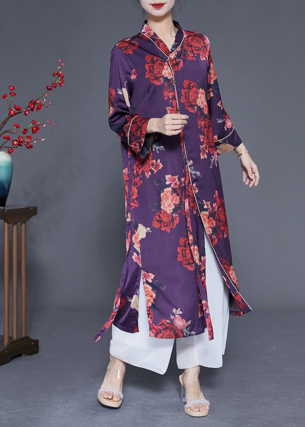 Purple Print Lace Up Side Open Silk Long Dress Bracelet Sleeve Ly1838
