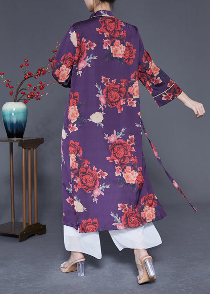 Purple Print Lace Up Side Open Silk Long Dress Bracelet Sleeve Ly1838