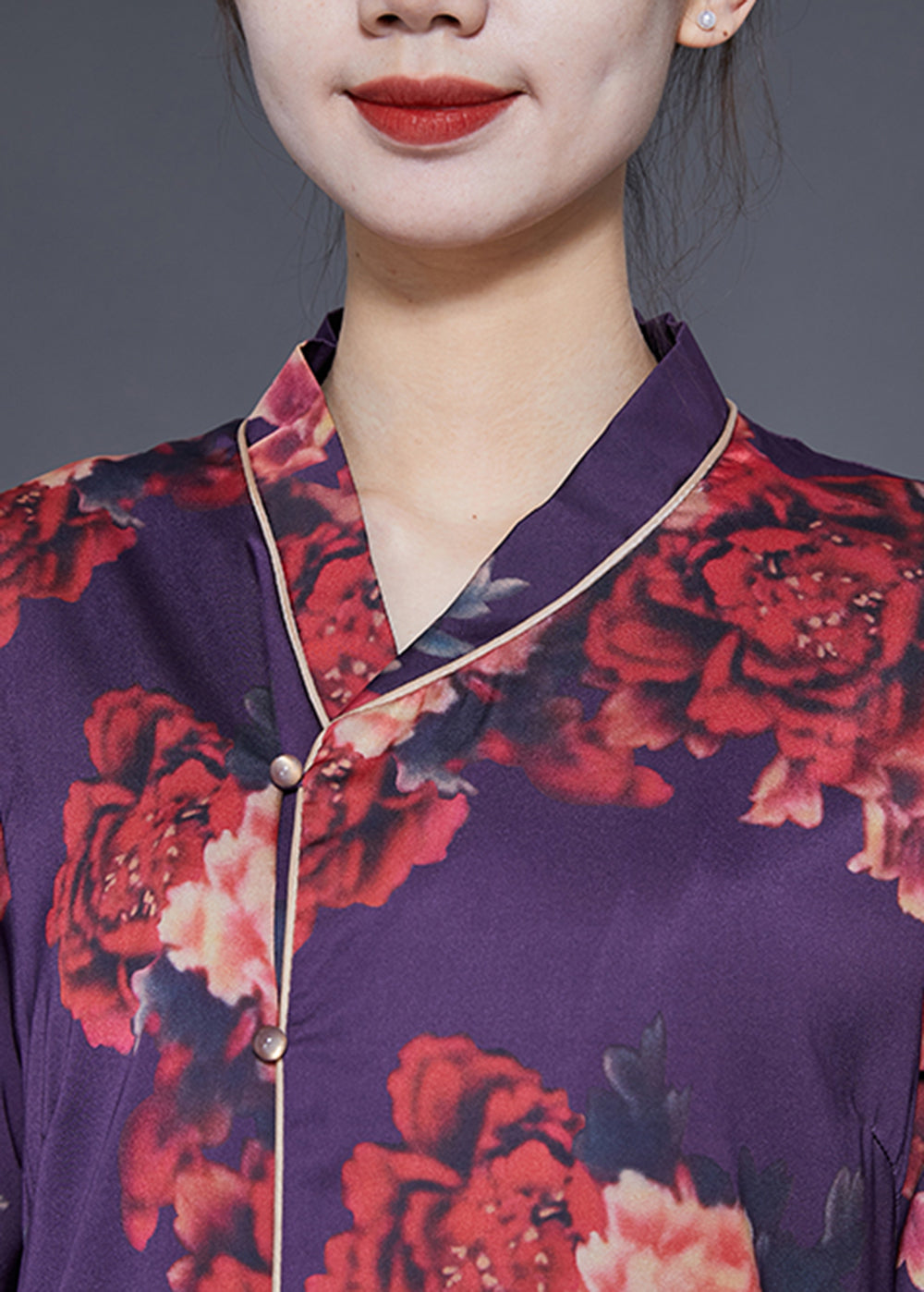 Purple Print Lace Up Side Open Silk Long Dress Bracelet Sleeve Ly1838