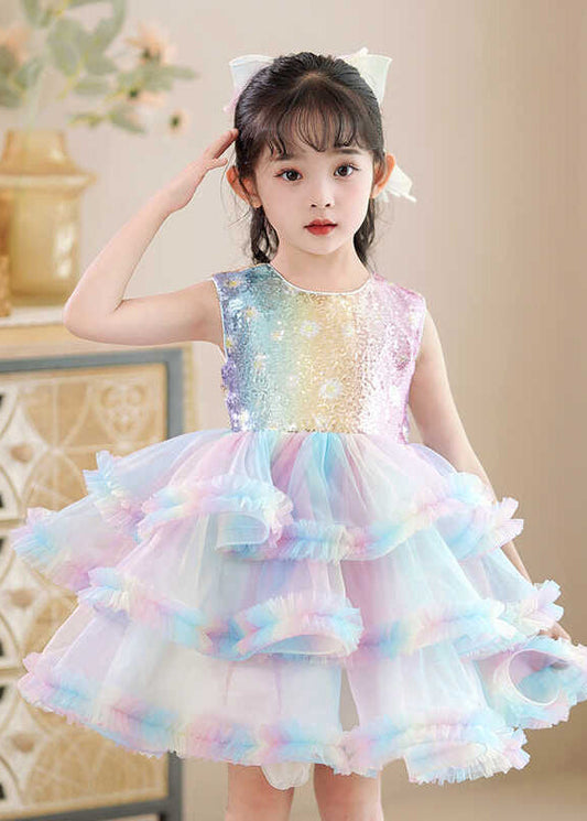 Rainbow O-neck Tulle Kids Maxi Dress Sleeveless Ye016