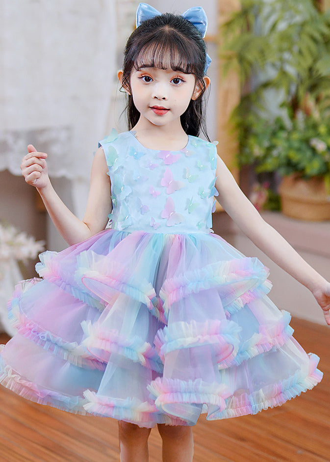 Rainbow O-neck Tulle Kids Maxi Dress Sleeveless Ye016