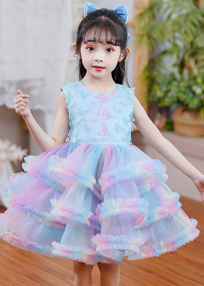 Rainbow O-neck Tulle Kids Maxi Dress Sleeveless Ye016