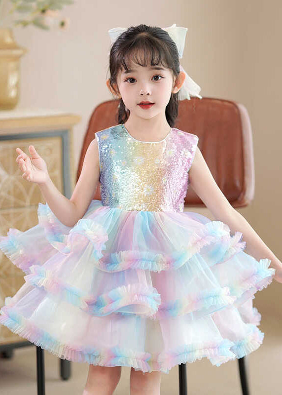 Rainbow O-neck Tulle Kids Maxi Dress Sleeveless Ye016