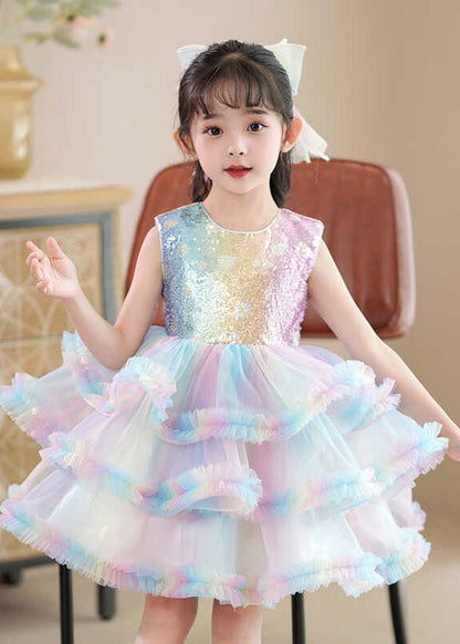 Rainbow O-neck Tulle Kids Maxi Dress Sleeveless Ye016
