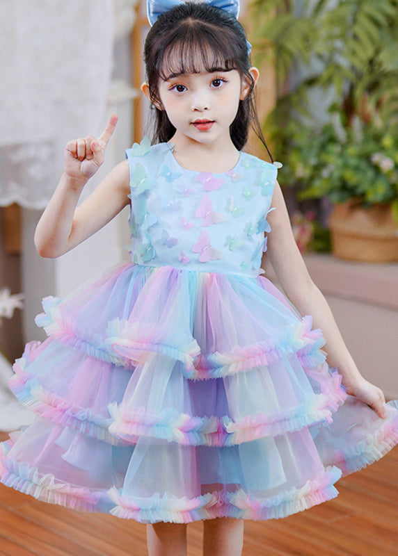 Rainbow O-neck Tulle Kids Maxi Dress Sleeveless Ye016
