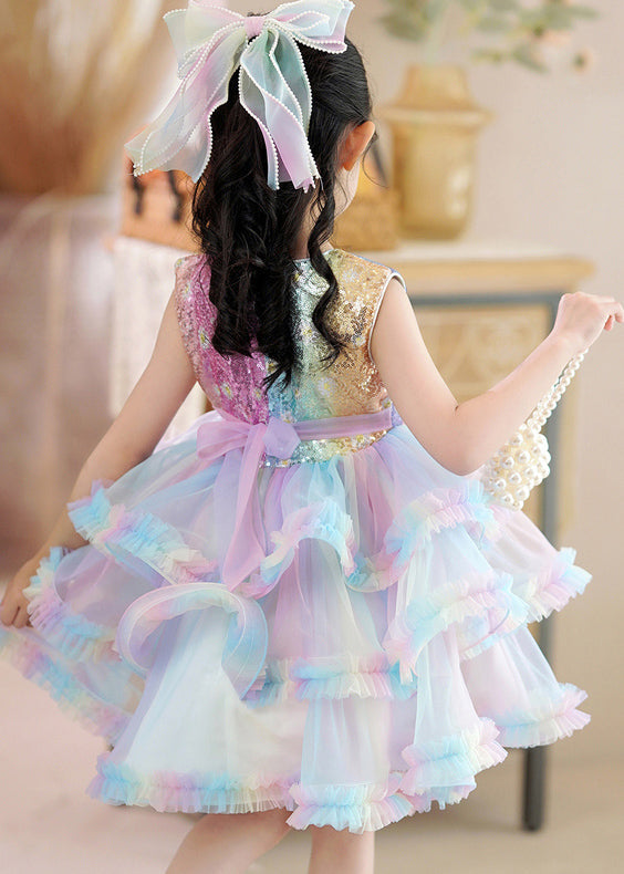 Rainbow O-neck Tulle Kids Maxi Dress Sleeveless Ye016