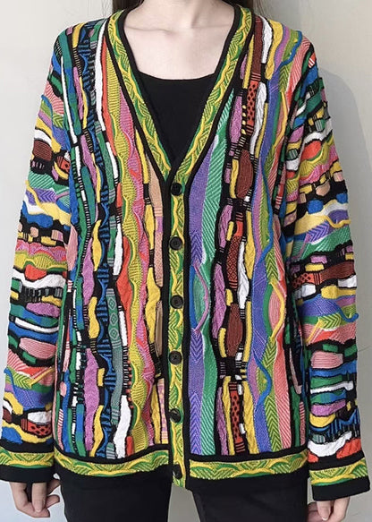 Rainbow V Neck Button Cotton Knit Cardigan Long Sleeve Ee044