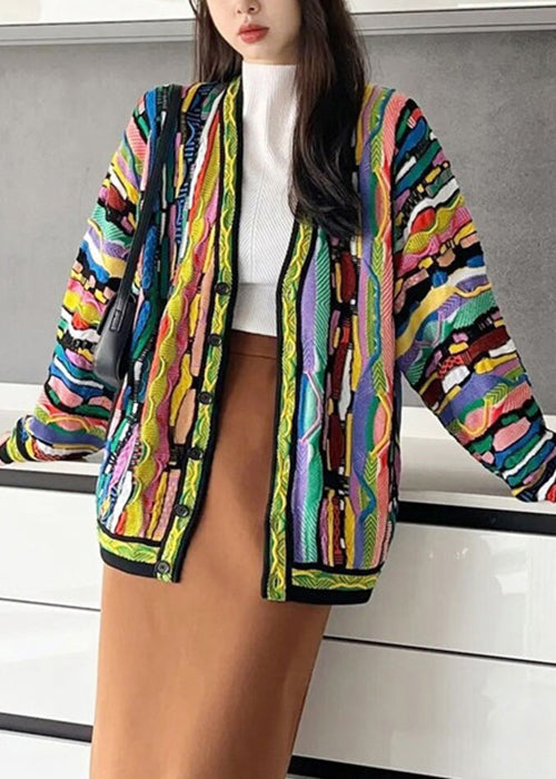 Rainbow V Neck Button Cotton Knit Cardigan Long Sleeve Ee044