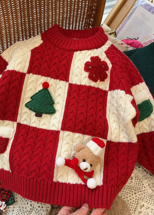 Red O-neck Thick Plaid Patchwork Cotton Knit Sweaters Winter Wl053