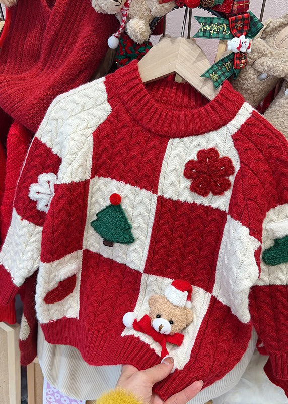 Red O-neck Thick Plaid Patchwork Cotton Knit Sweaters Winter Wl053