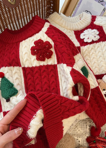 Red O-neck Thick Plaid Patchwork Cotton Knit Sweaters Winter Wl053