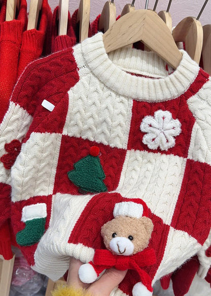 Red O-neck Thick Plaid Patchwork Cotton Knit Sweaters Winter Wl053