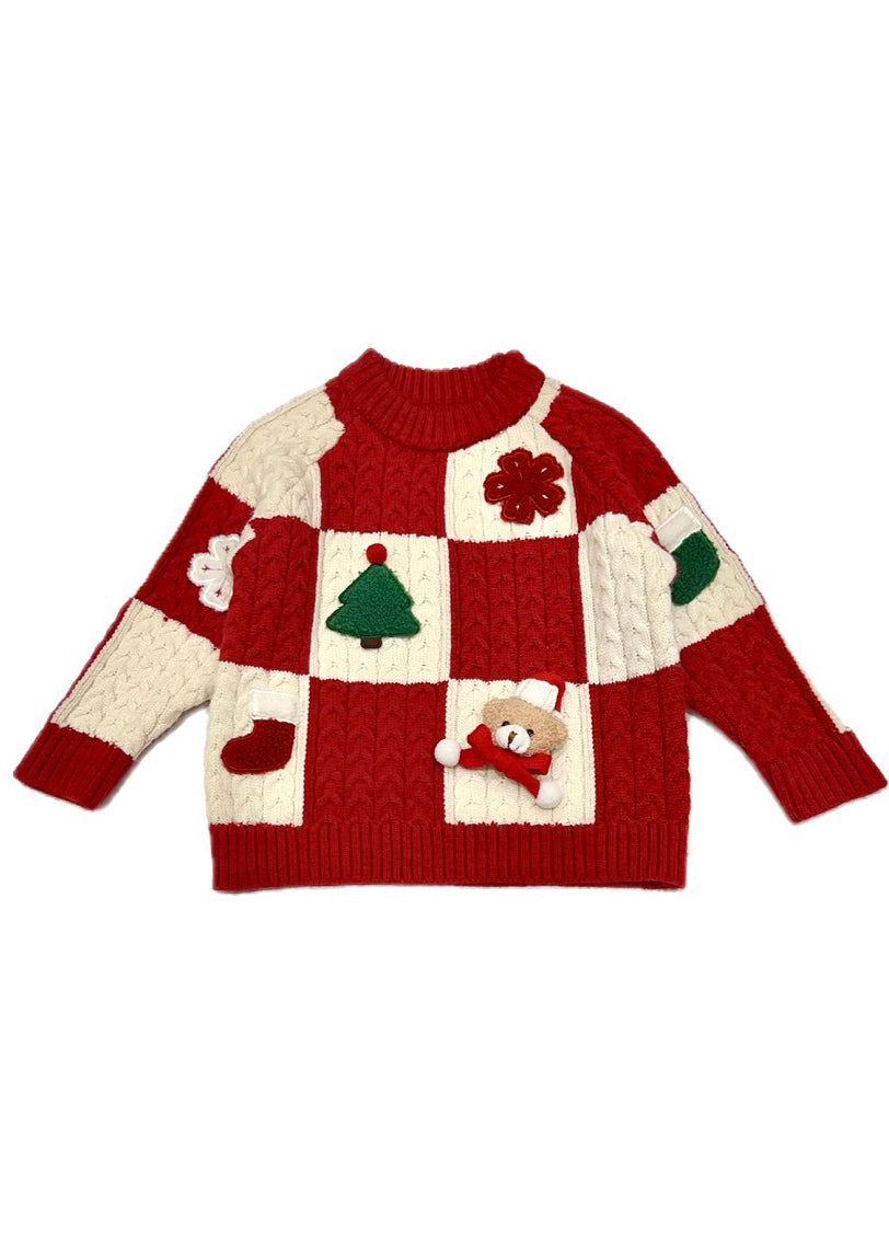 Red O-neck Thick Plaid Patchwork Cotton Knit Sweaters Winter Wl053