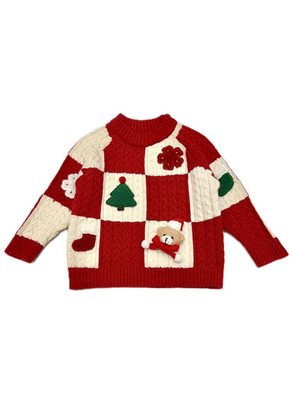 Red O-neck Thick Plaid Patchwork Cotton Knit Sweaters Winter Wl053