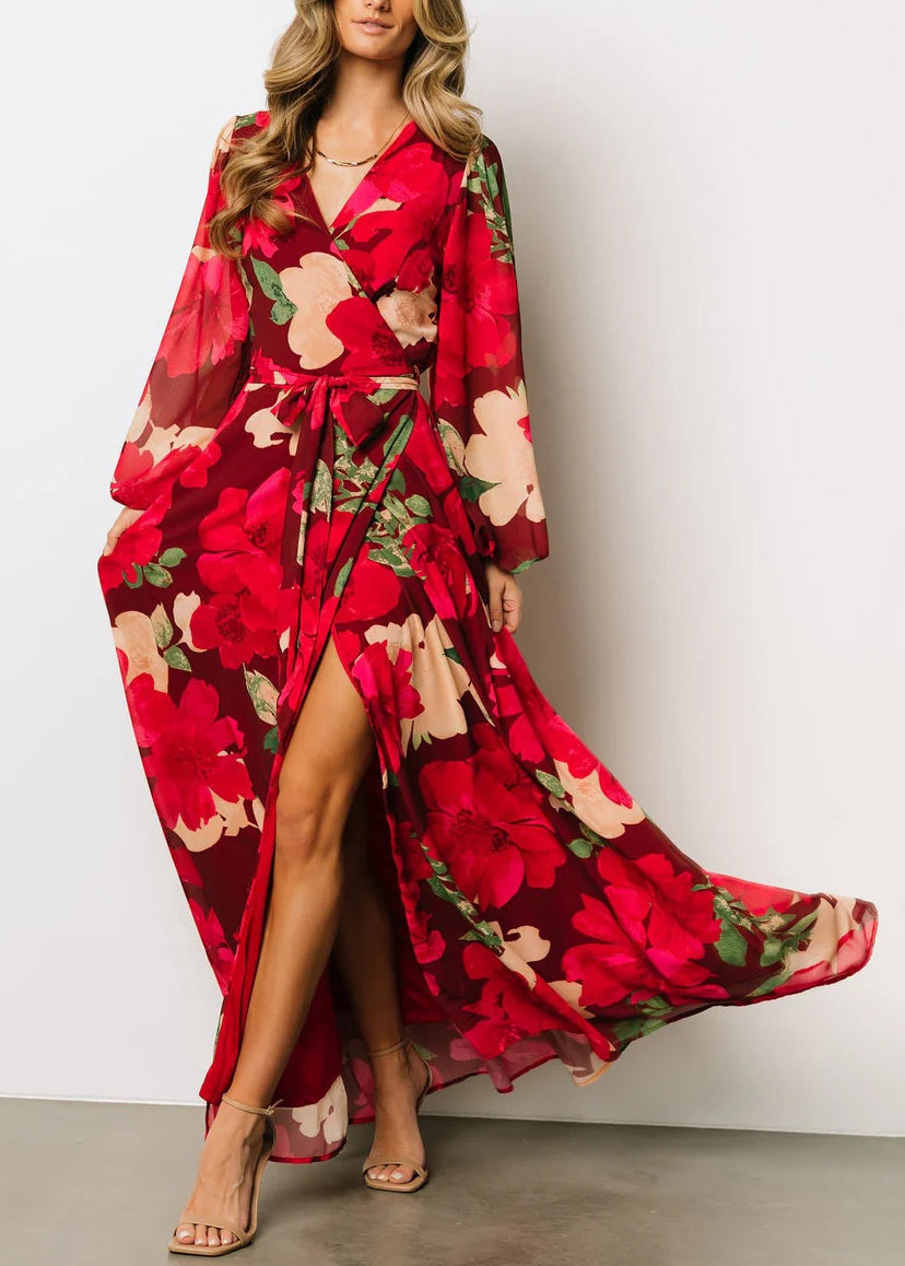 Red Print Side Open Cotton Maxi Dresses Fall Au1024