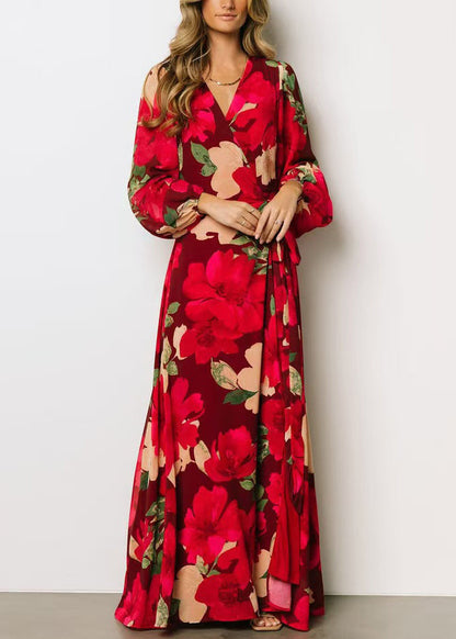 Red Print Side Open Cotton Maxi Dresses Fall Au1024