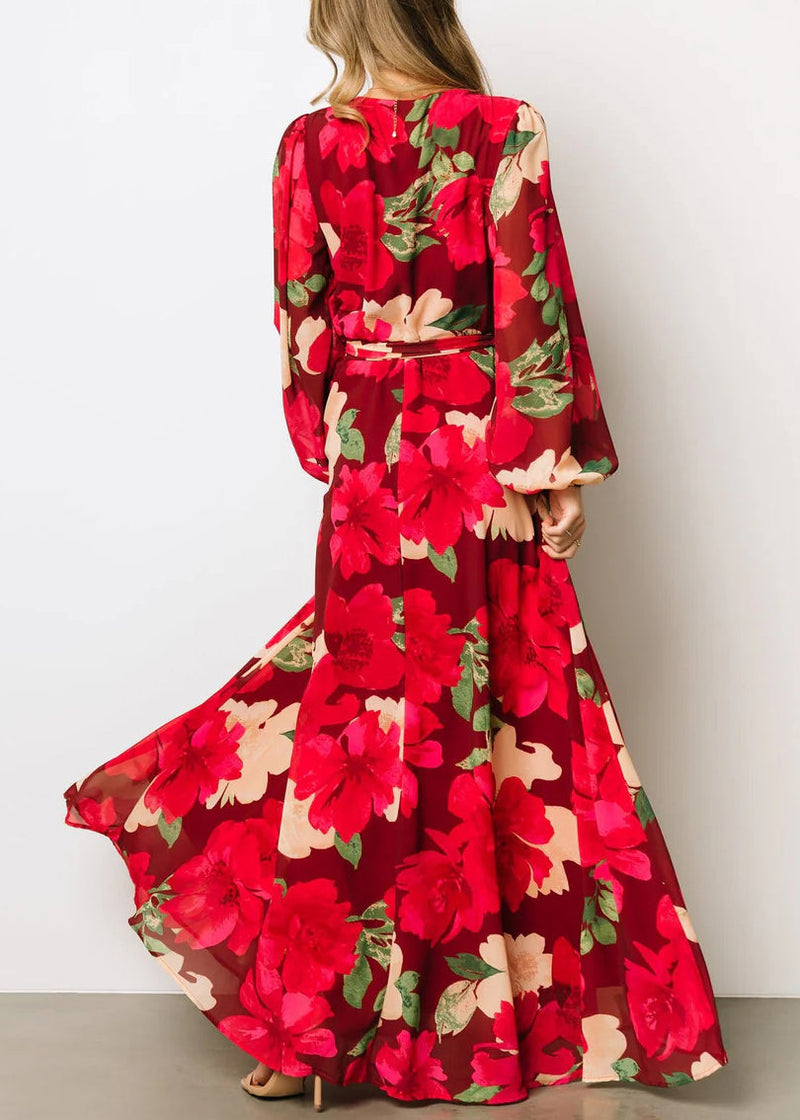 Red Print Side Open Cotton Maxi Dresses Fall Au1024