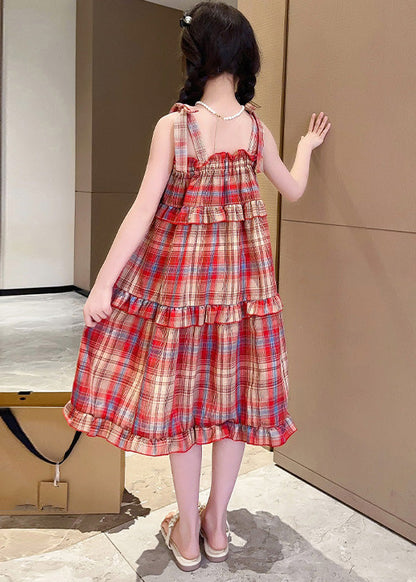 Red Slash Neck Ruffled Plaid Patchwork Slip Long Dress Summer Gf016