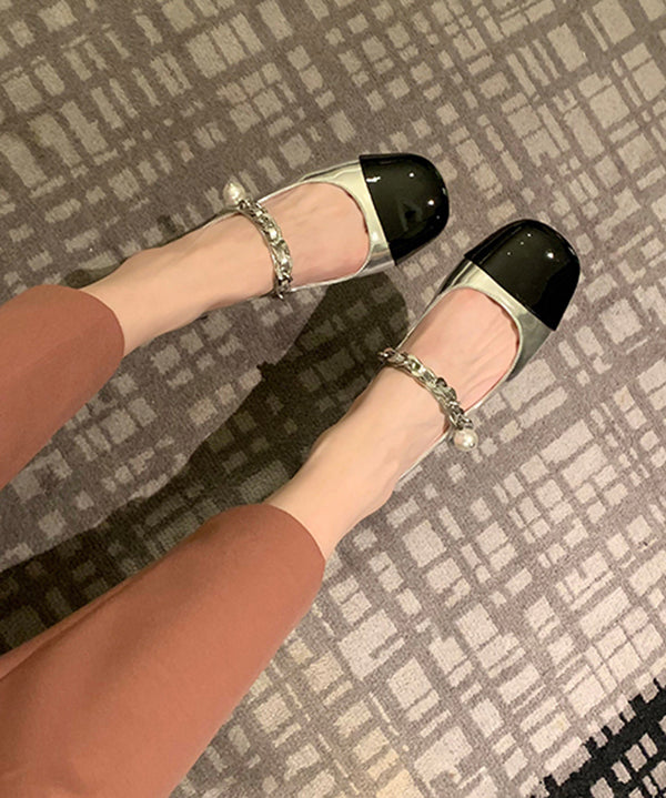 Feet Leather Silver Shoes Flat Splicing Faux Buckle