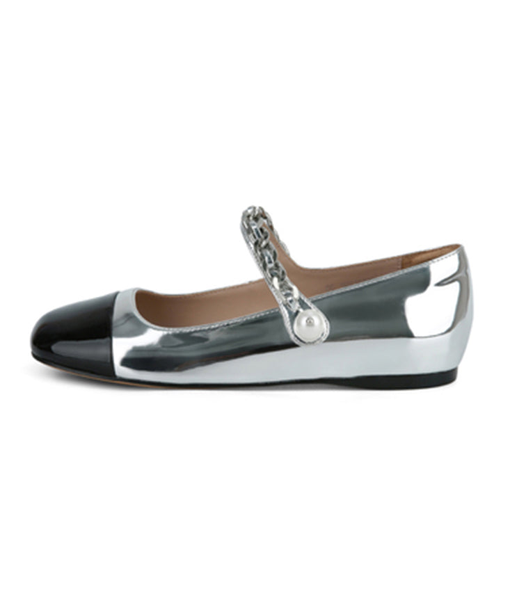Feet Leather Silver Shoes Flat Splicing Faux Buckle