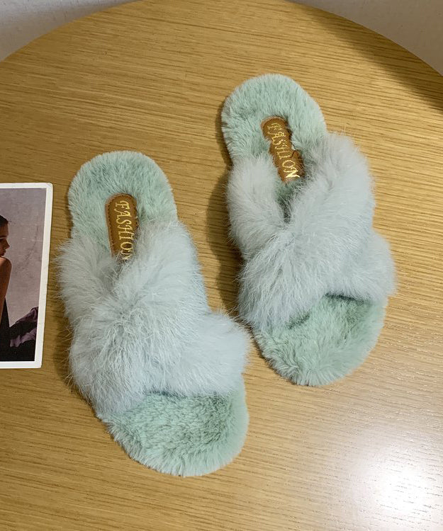 Splicing Slippers Shoes Light Green Fuzzy Fur Om020