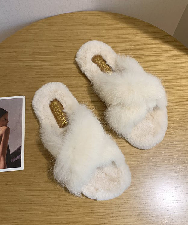 Splicing Slippers Shoes Light Green Fuzzy Fur Om020