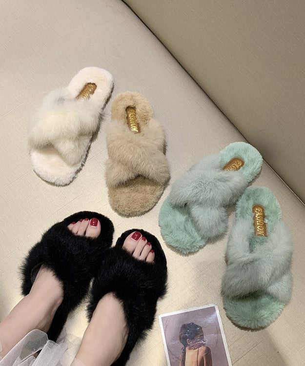 Splicing Slippers Shoes Light Green Fuzzy Fur Om020