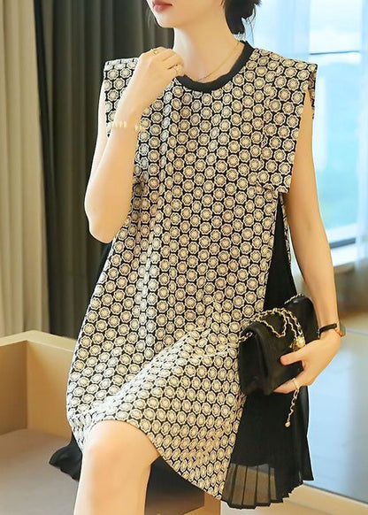 White O-neck Patchwork Print Wrinkled Mini Dress Sleeveless Ly1421
