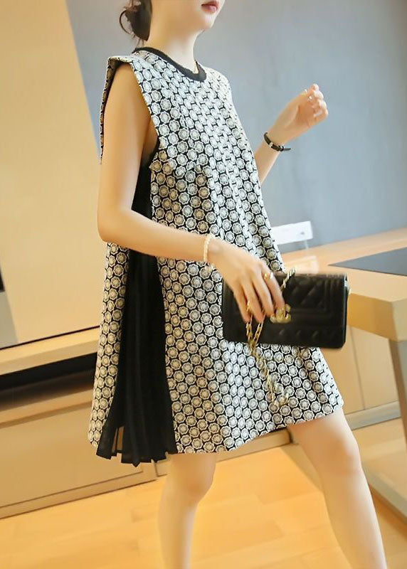 White O-neck Patchwork Print Wrinkled Mini Dress Sleeveless Ly1421