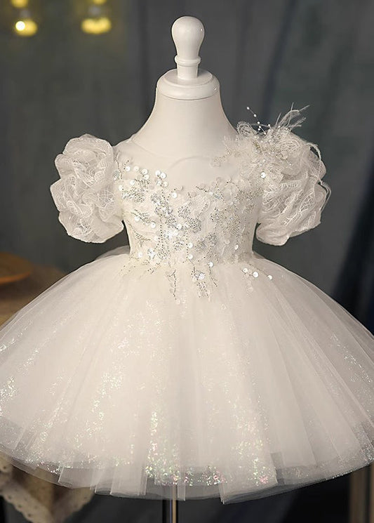 White O-neck Sequins Tunic Tulle Kids Maxi Dresses Summer Yg009