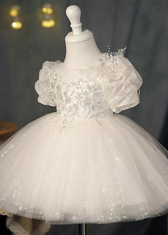 White O-neck Sequins Tunic Tulle Kids Maxi Dresses Summer Yg009