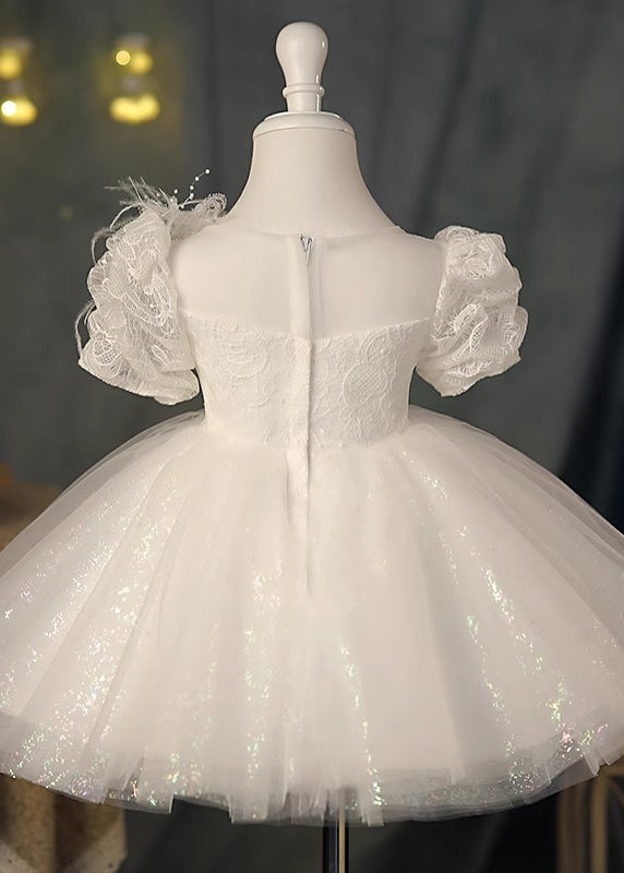 White O-neck Sequins Tunic Tulle Kids Maxi Dresses Summer Yg009