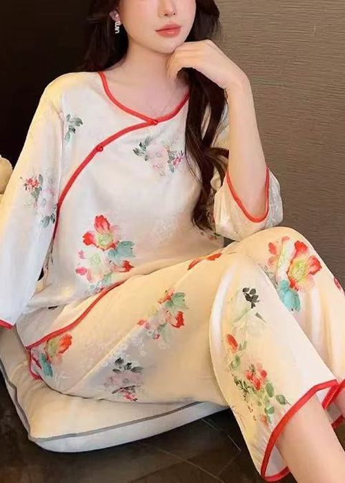 White Print Tops and Crop Pants Ice Silk Pajamas Two-piece Set Summer Yk003